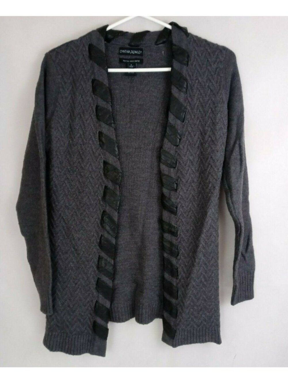 Cynthia Rowley Merino Wool Gray Cardigan Sweater W/ Leather Braiding Size Small